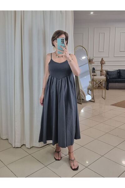 pudubutik Koton Poplin Flounced Dress Anthracite