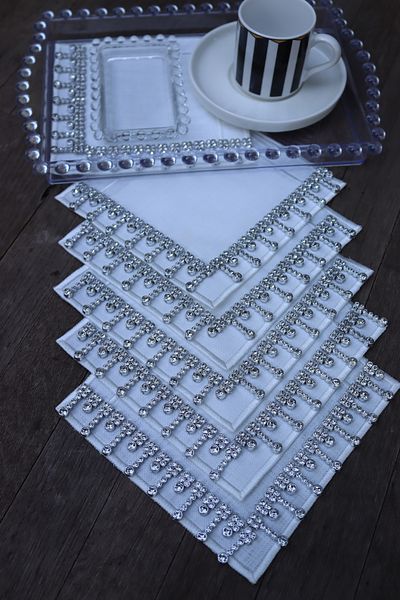 vipceyiz 3 Pieces Silver Bride White Cocktail Napkin with Stones