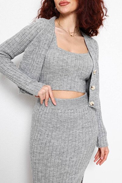 Chef d'atelier Women's Knitwear Fabric Vest Bustier Slit Skirt Triple Knitwear Set