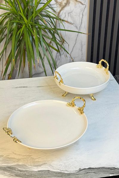 MAY HOME 2-Piece Metal Leg Porcelain Presentation Plate & Appetizer Cake Cookie Serving Plate with Handles