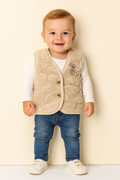minikiss Plush Welsoft Embossed Fabric Buttoned and Teddy Bear Patterned Baby Kids Vest