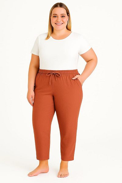 enmodaiçgiyim Tile Large Size 100% Cotton Muslin Fabric Women's Trousers – Narrow Leg, Pockets, Comfortable Fit