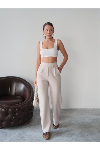 Paw Garage Kadın Valeria Beli Cırt Cırtlı Palazzo Pantolon, Krep Kumaş, 4 Mevsim