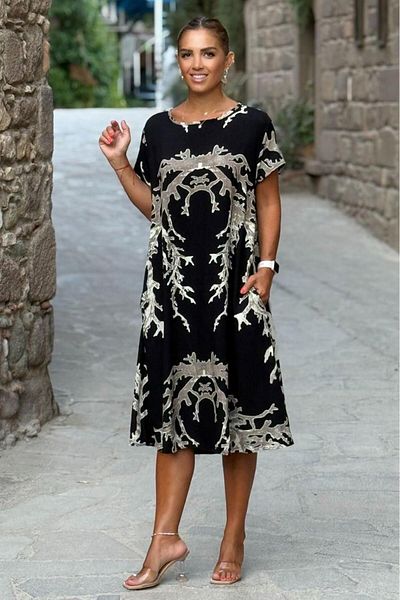 Nevin Kaya Moda Cream Black Color Sea Patterned Dress