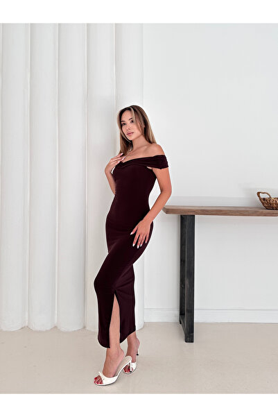 verabelle Sandy Fabric Draped Madonna Collar Slit Women's Midi Dress