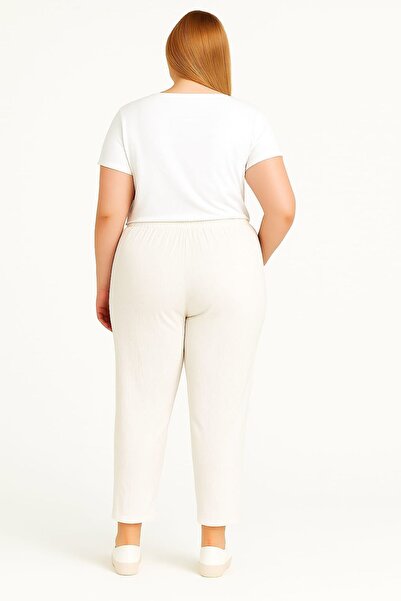 enmodaiçgiyim Ecru Large Size 100% Cotton Muslin Fabric Women's Trousers – Narrow Leg, Pockets, Comfortable Fit