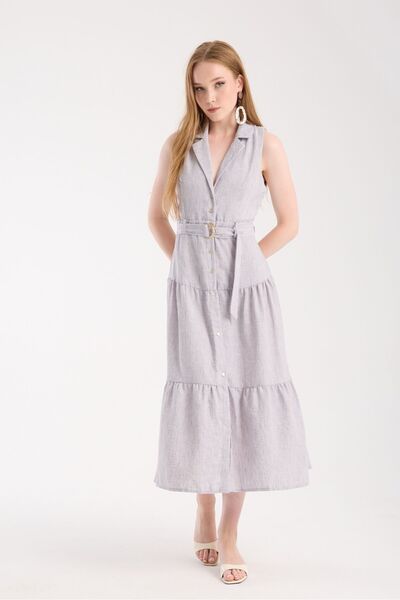 amurpars Jacket Collar Front Buttoned Linen Dress