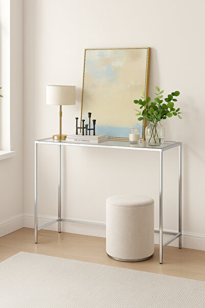 Home Merlin Metalik Gri Dresuar Kahve Köşesi Modern Konsol 100 cm Şeffaf Cam