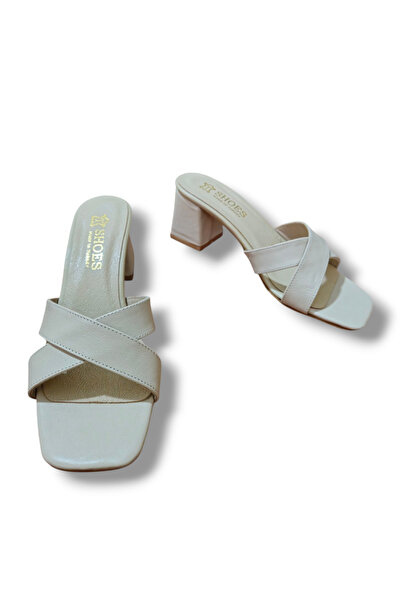 BARONES SHOES Cream Genuine Skin Leather Women's Heeled Slippers