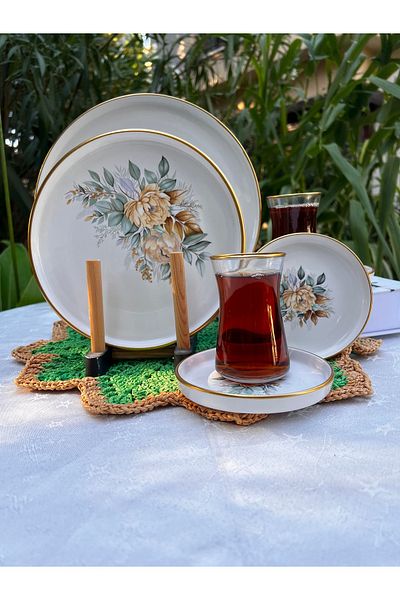 MAMALİZA 37 Piece Floral Patterned Gold Gilded Ceramic Breakfast Set