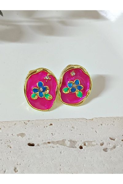 mos&more Fuchsia Enamel Flower Shapeless Gold Earrings