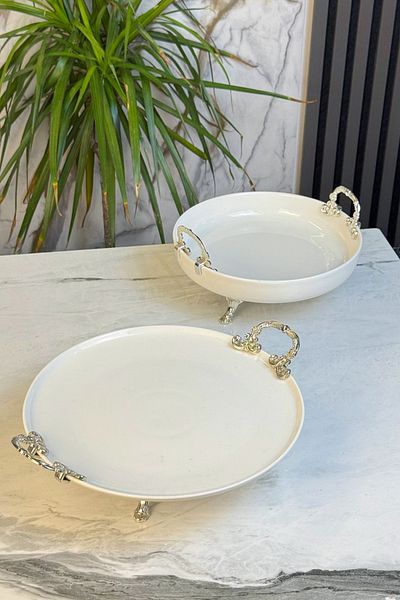 MAY HOME 2-Piece Metal Leg Porcelain Presentation Plate & Appetizer Cake Cookie Serving Plate with Handles