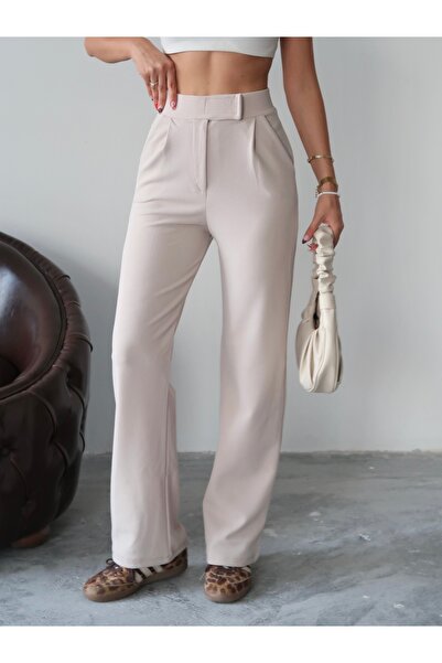 Paw Garage Kadın Valeria Beli Cırt Cırtlı Palazzo Pantolon, Krep Kumaş, 4 Mevsim