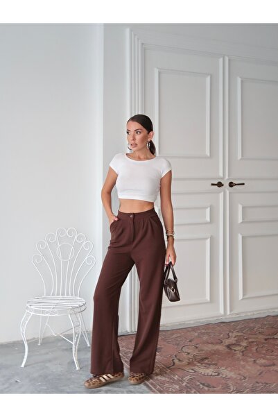 Paw Garage Women's Loretta Pleated Waist Palazzo Pants, Crepe Fabric, 4 Seasons