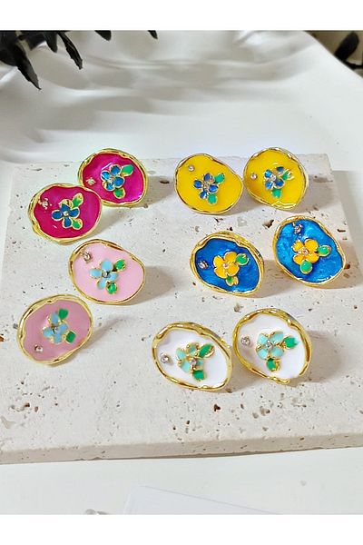 mos&more 5 Pairs / Colors Enamel Flower Shapeless Gold Earring Set