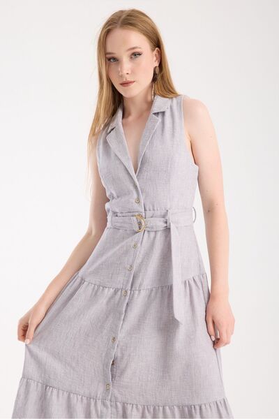amurpars Jacket Collar Front Buttoned Linen Dress