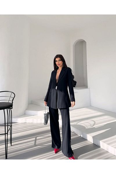 369 etnik butik One Button Detailed Oversize Jacket & Wide Leg Pants Set (3 Colors)