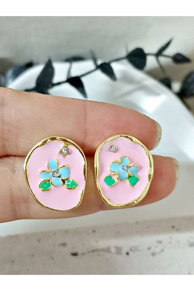 mos&more Pink Enamel Flower Shapeless Gold Earrings