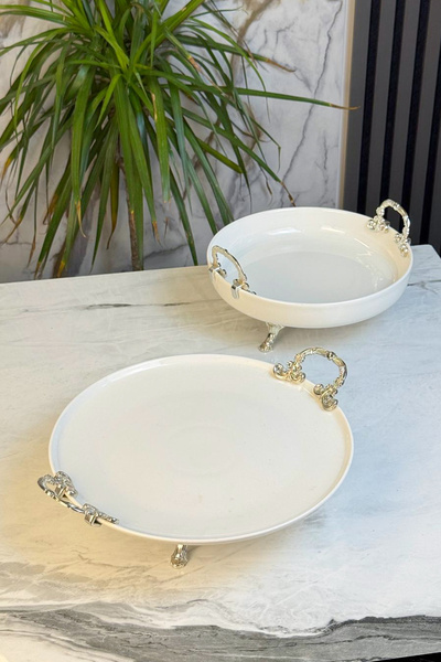 MAY HOME 2'Li Metal Ayaklı Kulplu Porselen Sunumluk & Meze Pasta Kurabiye Servis Tabağı