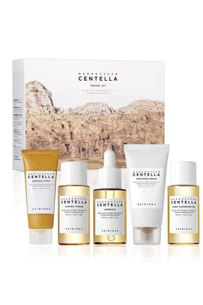 Skin1004 مجموعة سفر مدغشقر سنتيلا، تونر، أمبولة، كريم مهدئ، زيت منظف، رغوة أم...