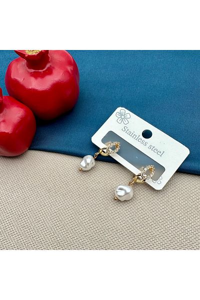 Opia Takı & Aksesuar Steel Zircon Stone Hoop Pearl Earrings