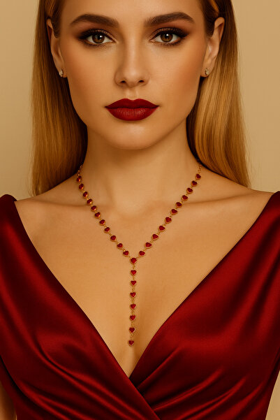 Mira Aksesuar Kırmızı Kalp Taşlı Altın Renkli Kadın Y Kolye