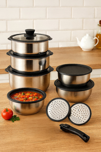 Sofram Yeşiltan Sofram Marin Serisi 16 Parça Paslanmaz Çelik Smart Set – Tak-Çıkar Kulplu, Hem Saklama Hem Pişirme