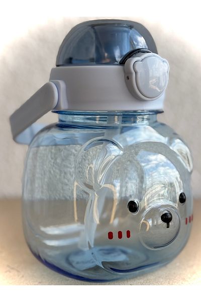 ALİA HOME Children's Water Bottle with Blue Teddy Bear Figure – 1000 ml Bpa-Free Plastic Flask with Straw
