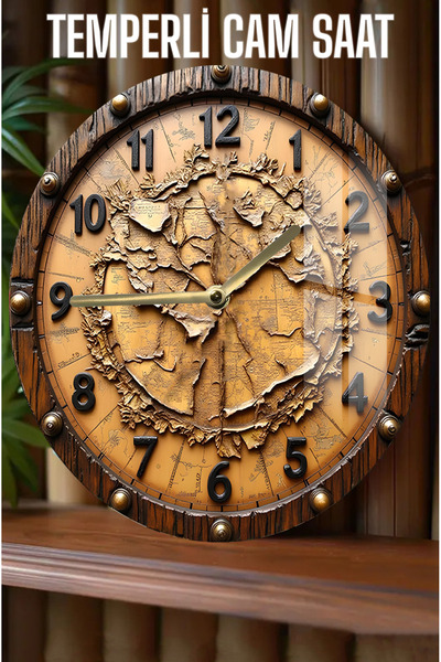 kutuTR Antik Dünya Haritası Tasarımlı 3D Görünümlü Temperli Cam Saat – 33 cm CSDW135