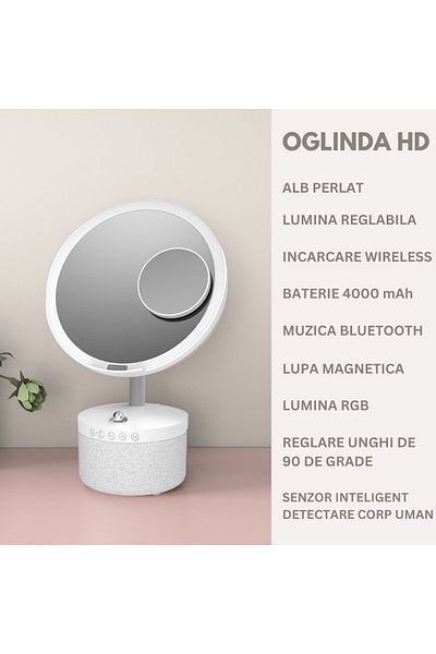 VisionHub Cosmetic mirror with LED lighting for makeup, with Bluetooth speaker, 15W Wireless phone charger,RGB