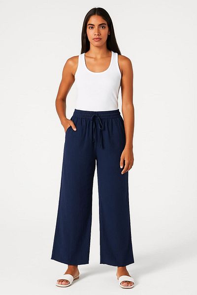 enmodaiçgiyim Navy Blue 100% Cotton Muslin Fabric Wide Leg Comfortable Fit Women's Trousers with Two Pockets