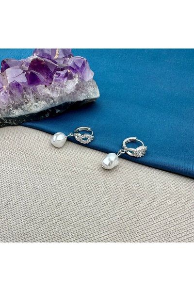 Opia Takı & Aksesuar Steel Zircon Stone Hoop Pearl Earrings