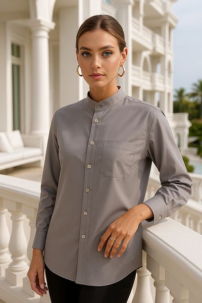 Rich Women's Trendy Judge Collar Shirt - Design Stand Collar Pocket Detailed Shirt
