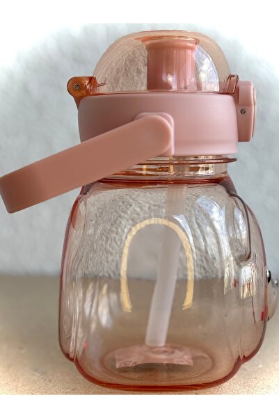 ALİA HOME Pink Teddy Bear Figured Children's Water Bottle – 1000 ml Bpa-Free Plastic Bottle with Straw