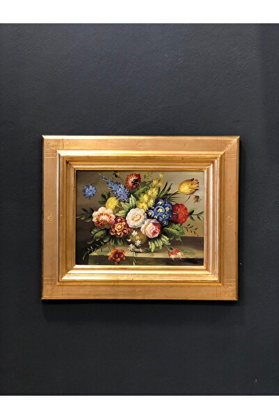 Dora Art El Yapımı Çiçek Temalı Altın Varaklı Ahşap Yağlı Boya Antik Tablo
