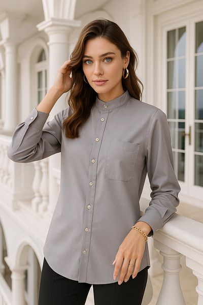 Rich Women's Trendy Judge Collar Shirt - Design Stand Collar Pocket Detailed Shirt