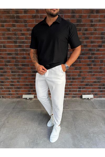 Baycombine35 Men's Striped Polo Neck T-Shirt and Pants Combination