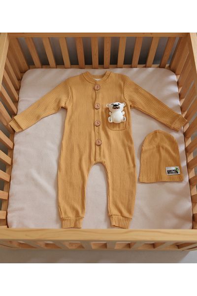 Lumos Trade Unisex Baby 100% Cotton Teddy Bear Ribbed Jumpsuit and Beanie Set 9-12 Months