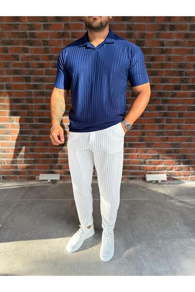 Baycombine35 Men's Striped Polo Neck T-Shirt and Pants Combination