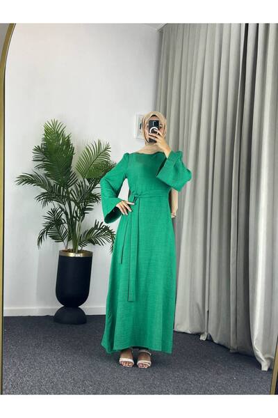 Esre Store 4536 - Πράσινο φόρεμα τεσεττούρ με ζώνη