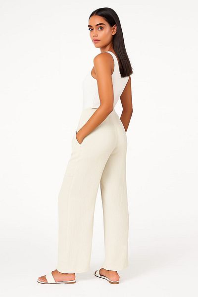 enmodaiçgiyim Ecru 100% Cotton Muslin Fabric Wide Leg Comfortable Fit Women's Trousers with Two Pockets