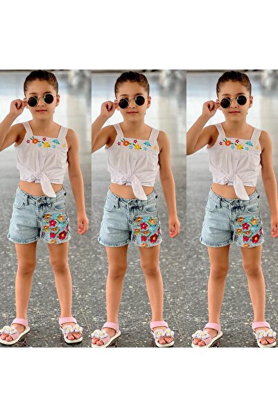DUDOR KİDS KIZ ÇOCUK ÇİÇEK NAKIŞLI KOT ŞORT (BİR BEDEN BÜYÜK TERCİH EDİNİZ)