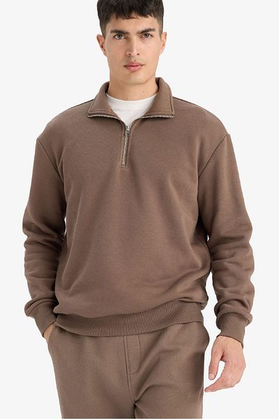 DeFacto Regular Fit Stand Collar Half Zipper Basic Plain Thick Sweatshirt X7405Az25Au
