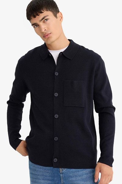 DeFacto Standard Fit Polo Neck Button Front Pocket Detailed Knitwear Cardigan F3720Ax25Wn