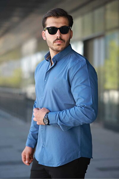 Newelli Slim Fit Uzun Kol Erkek İndigo Mavisi Gömlek