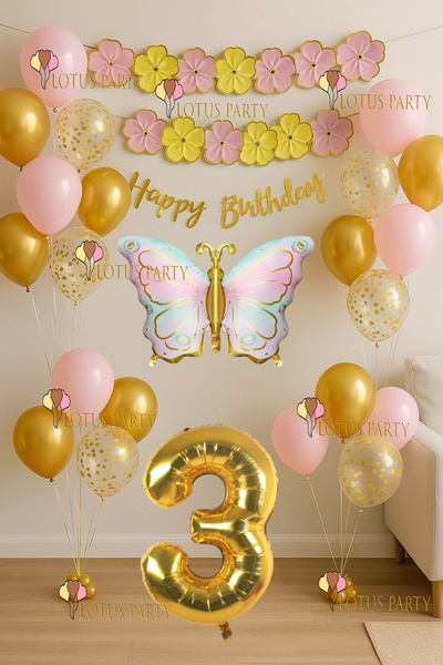 LOTUS PARTY Set de zi de naștere Macaron Floral cu Fluturi Aurii Banner Macar...