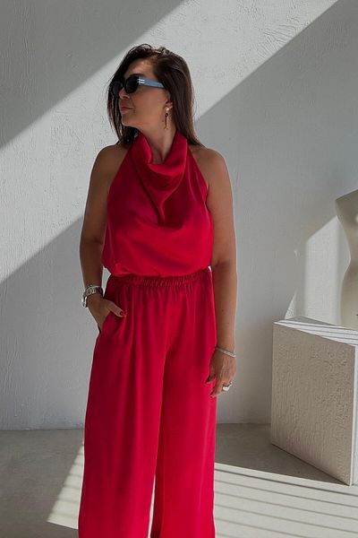 ELVAN TOLON Red Winkle Satin Blouse Suit