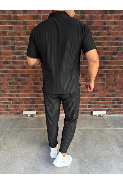 Baycombine35 Men's Striped Polo Neck T-Shirt and Pants Combination