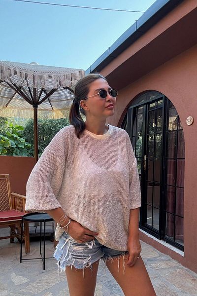 ELVAN TOLON Beige Glitter Mercerized Knitwear Blouse