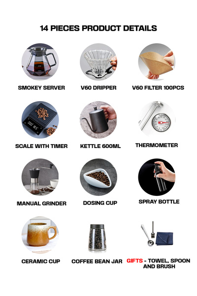 Omran Cart V60 Pour Over Coffee Set 14 pcs with Grey Server, Grinder, Dripper, Kettle & Brewing kits